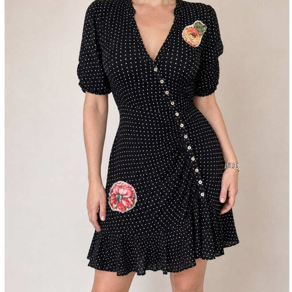 Free People Pippa Swing Dress Reworked w/ Floral Patches Polka Dot Mini Dress